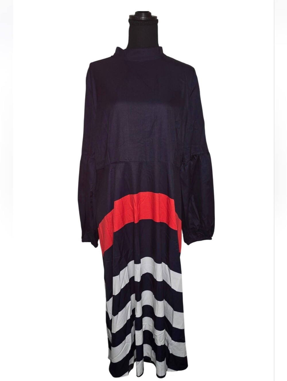 #V08 Navy Stripe Maxi Dress with Red Accent